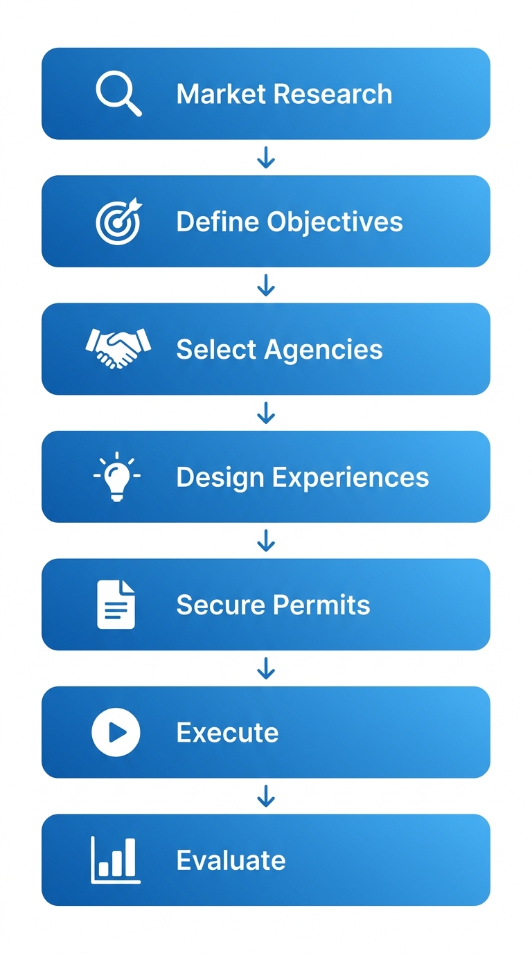 Vertical process flow diagram illustrating 7 steps to launch an experiential marketing campaign