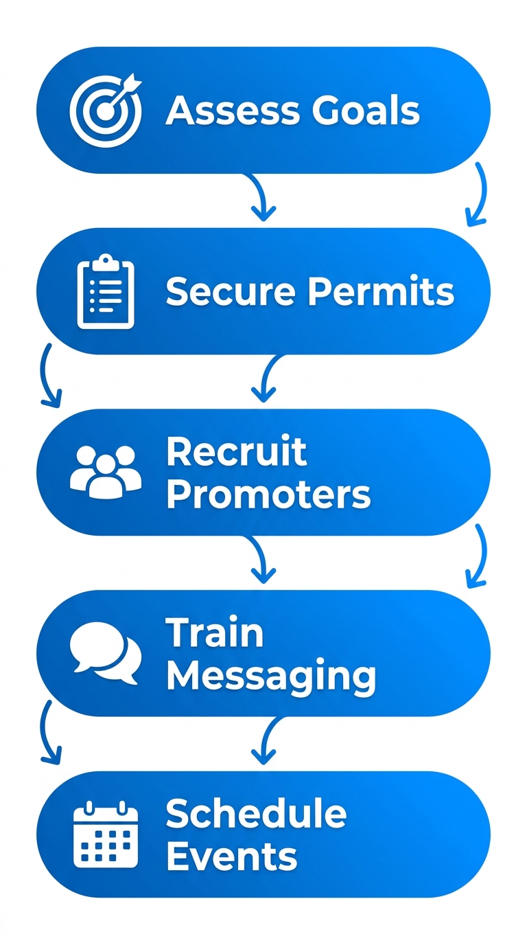 Vertical process flow diagram outlining 5 steps to launch street teams in Alberta: assess campaign goals, secure permits, recruit promoters, train messaging, schedule events.