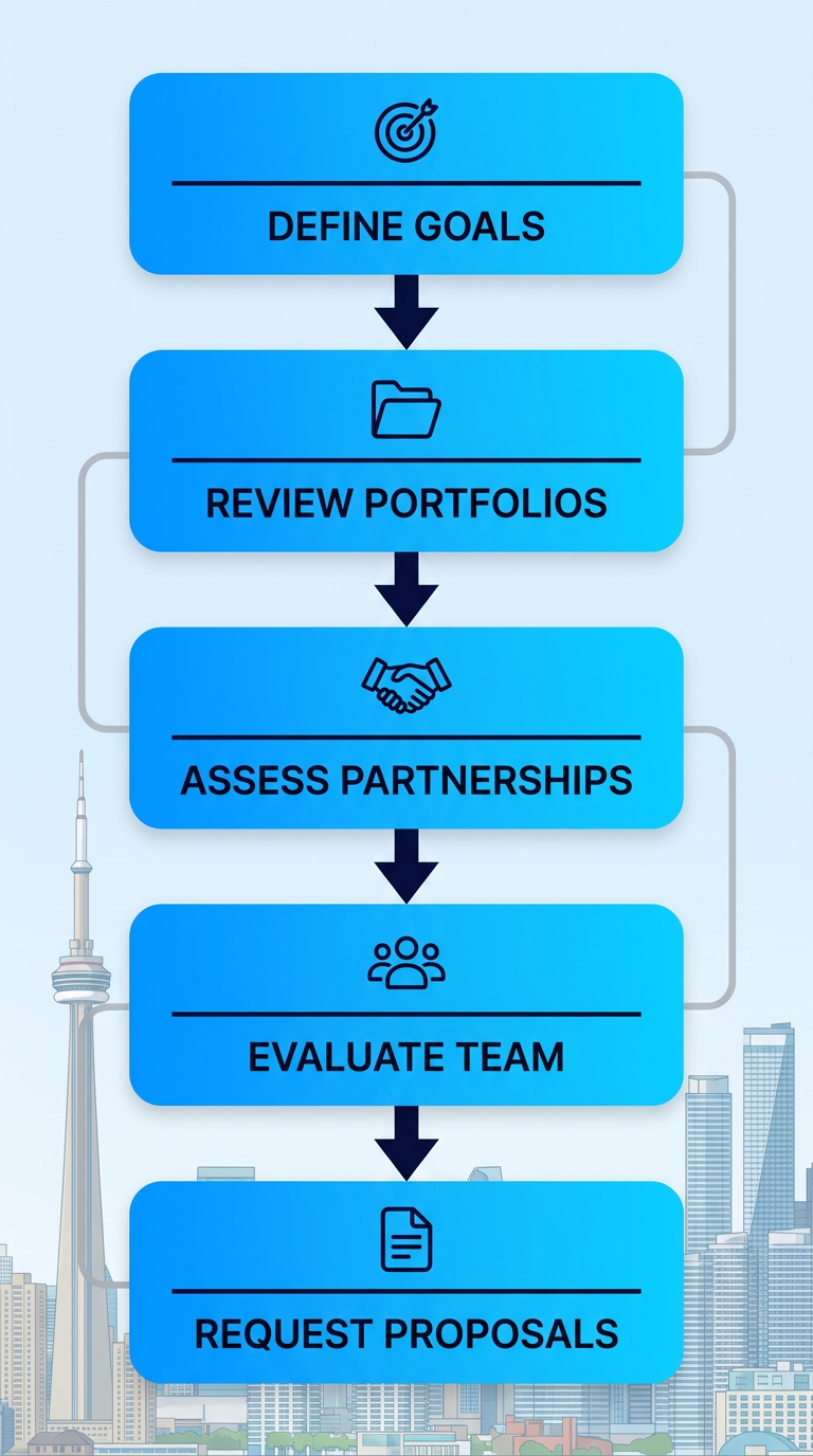 Vertical process flow illustrating five steps to select an experiential marketing company in Toronto: define goals, review portfolios, assess partnerships, evaluate team skills, request ROI proposals, with icons and subtle skyline background.