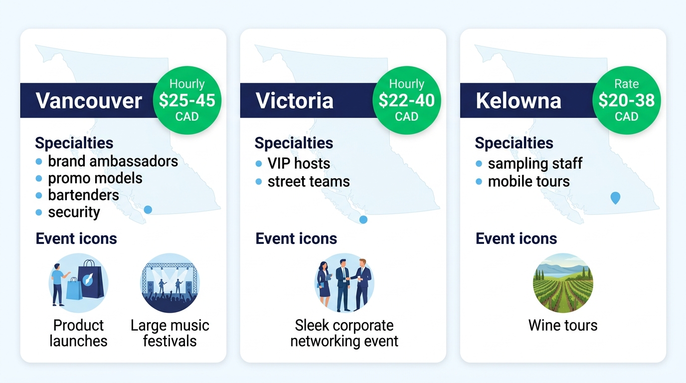 Infographic comparing event staffing specialties, event types, and hourly rates in Vancouver, Victoria, and Kelowna, British Columbia.