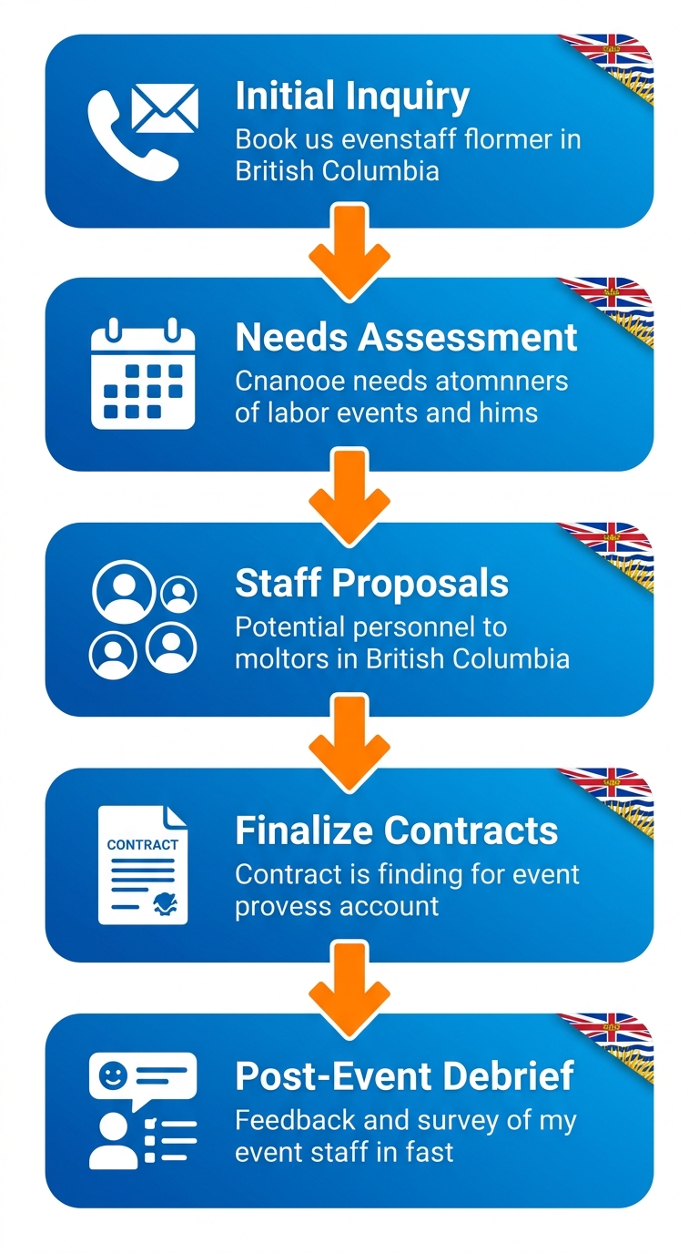 Vertical process flow diagram illustrating Reef Agency's 5-step event staff booking process in British Columbia: initial inquiry, needs assessment, staff proposals, contracts, and debrief.
