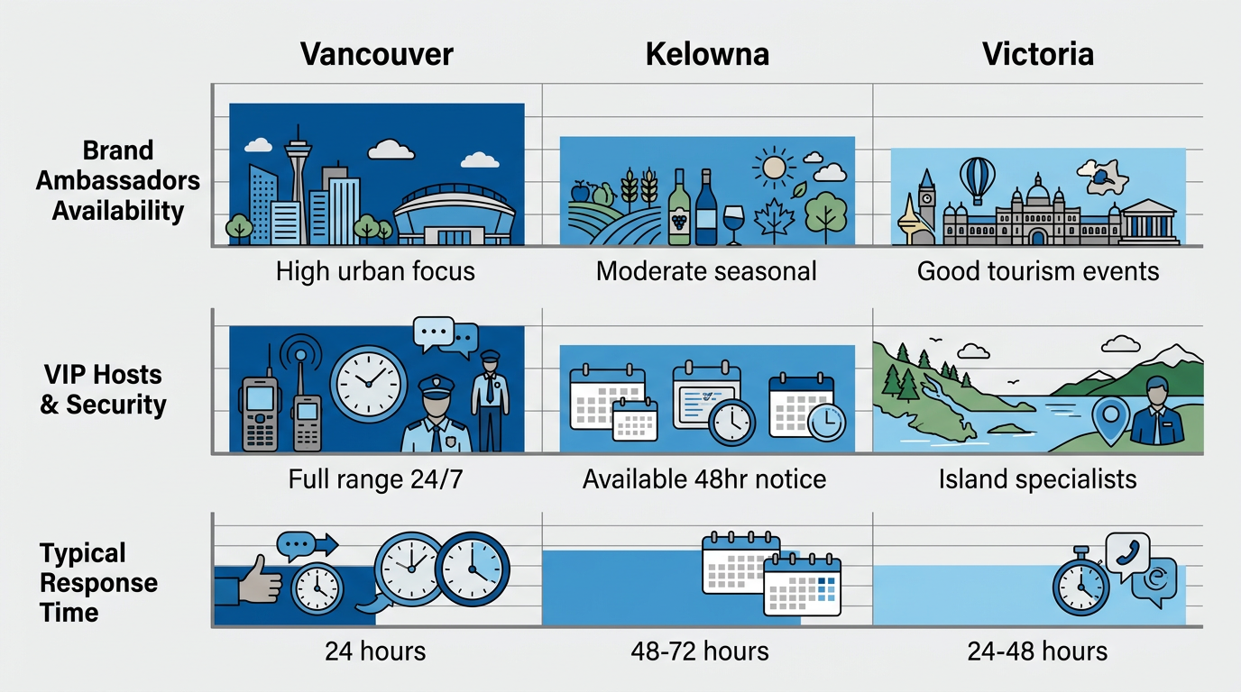 Comparison chart showing staffing availability across Vancouver, Kelowna, and Victoria in British Columbia