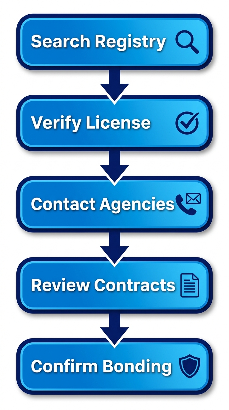Vertical process flow diagram illustrating 5 steps to secure licensed event staffing in British Columbia with icons and minimal labels