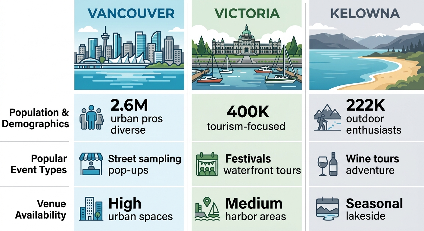 Infographic comparing experiential marketing in Vancouver, Victoria, and Kelowna: demographics, event types, and venue availability.
