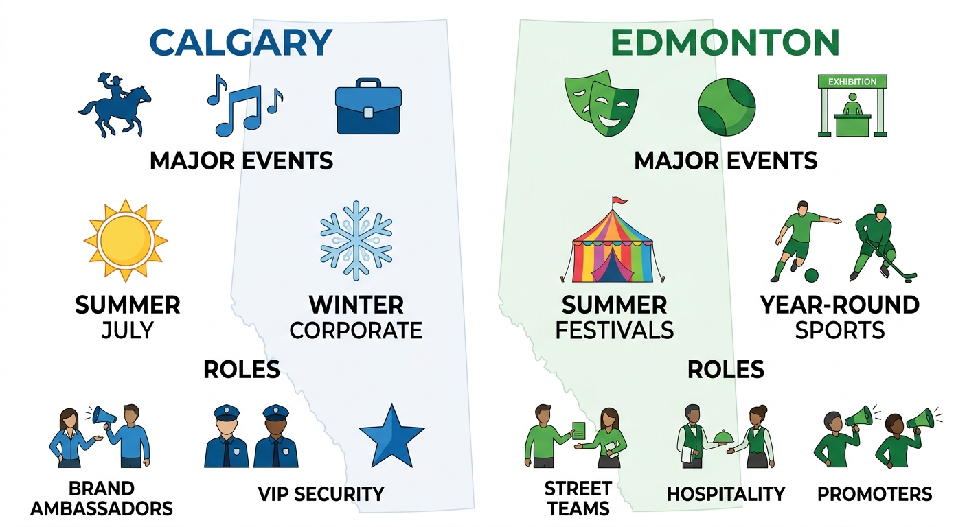 Infographic comparing event staffing demand in Calgary and Edmonton Alberta with icons for events peaks and roles