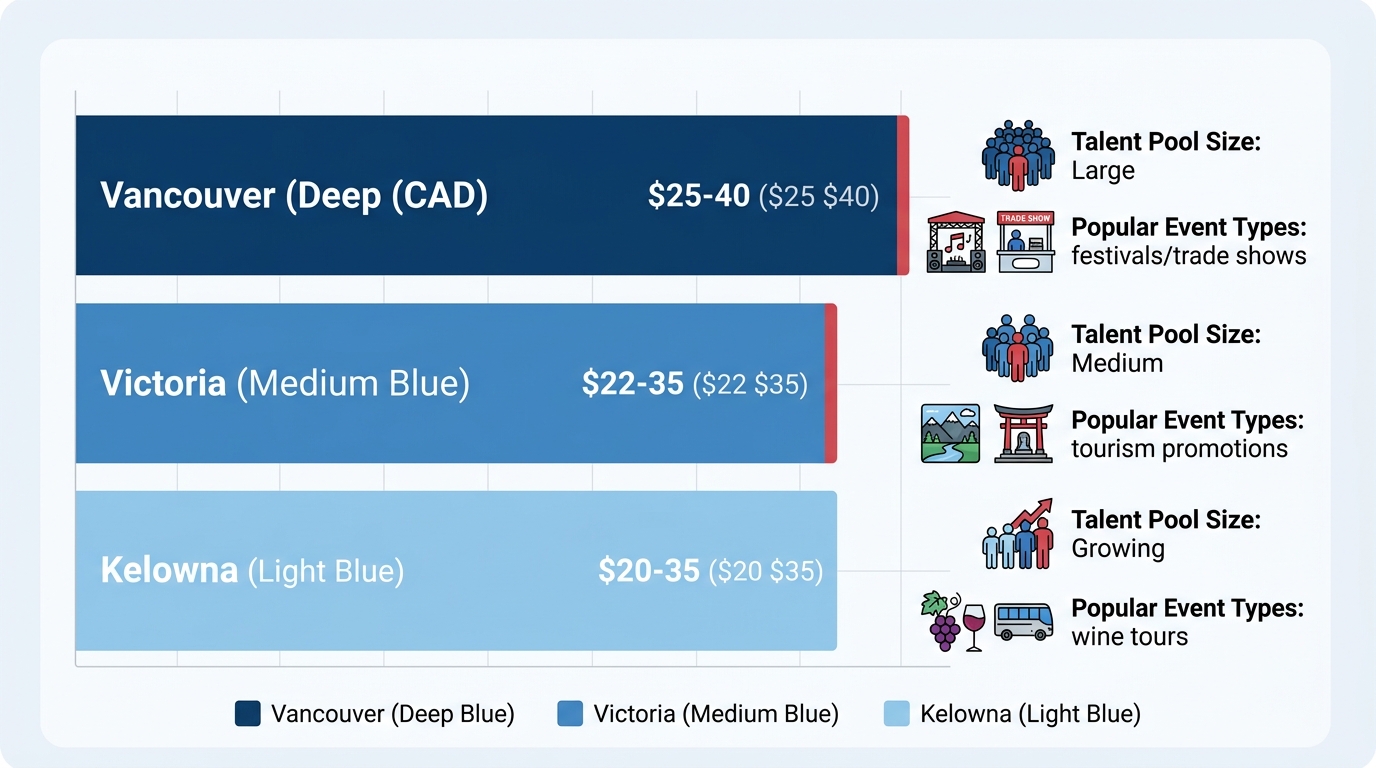 Horizontal bar chart comparing brand ambassador average hourly rates, talent pool sizes, and popular event types across Vancouver, Victoria, and Kelowna in British Columbia.