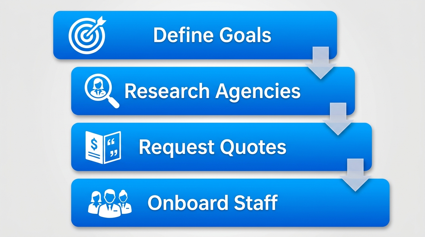 Vertical process flow diagram illustrating 4 steps to hire staff from Alberta staffing agencies: Define Goals, Research Agencies, Request Quotes, Onboard Staff with icons.