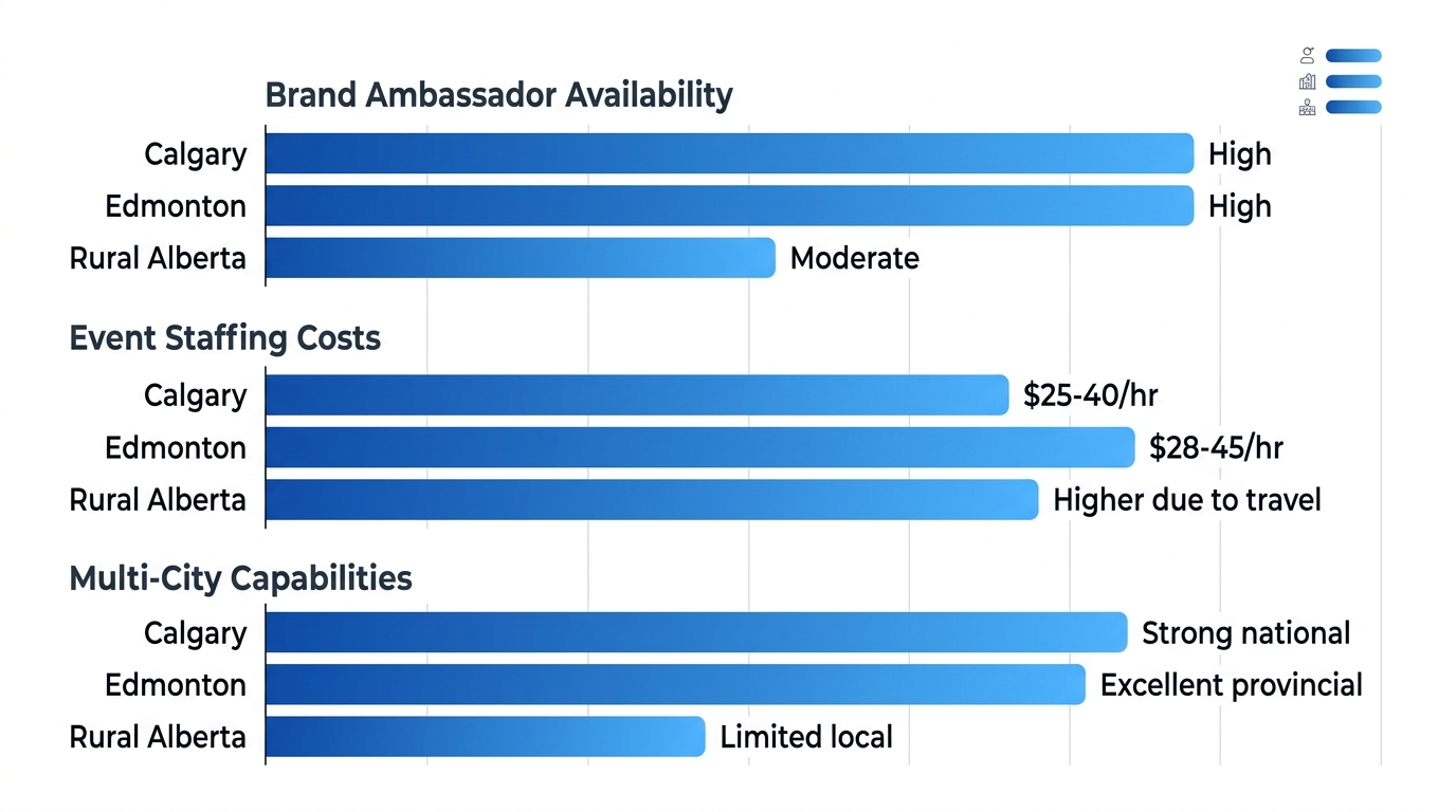 Horizontal bar chart comparing brand ambassador availability, event staffing costs, and multi-city capabilities across Calgary, Edmonton, and Rural Alberta regions.