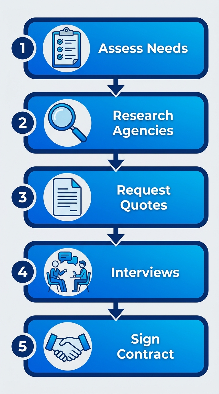 Vertical process flow diagram illustrating 5 steps to hire event staffing in Alberta: assess needs, research agencies, request quotes, interviews, and sign contract.