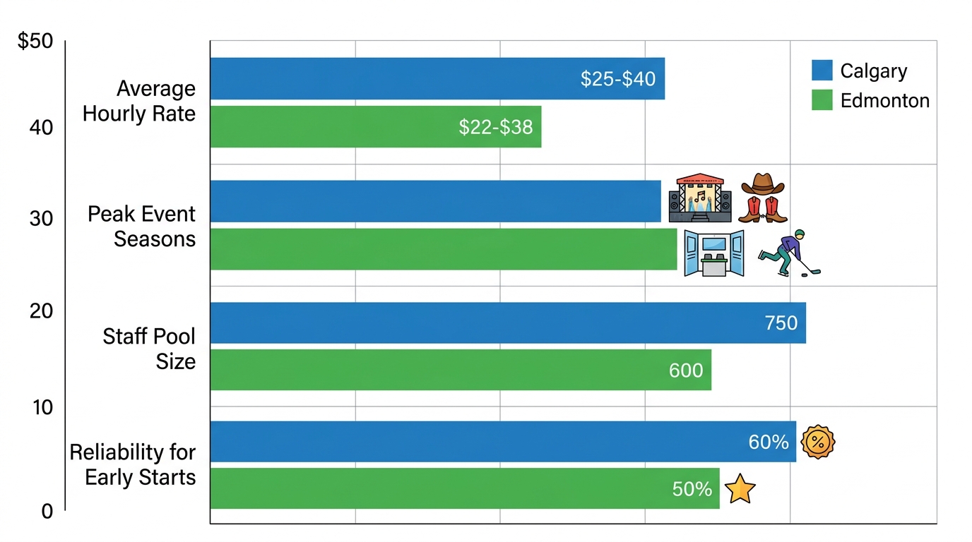 Horizontal grouped bar chart comparing event staffing metrics: rates, seasons, pool size, reliability for Calgary vs Edmonton in Alberta