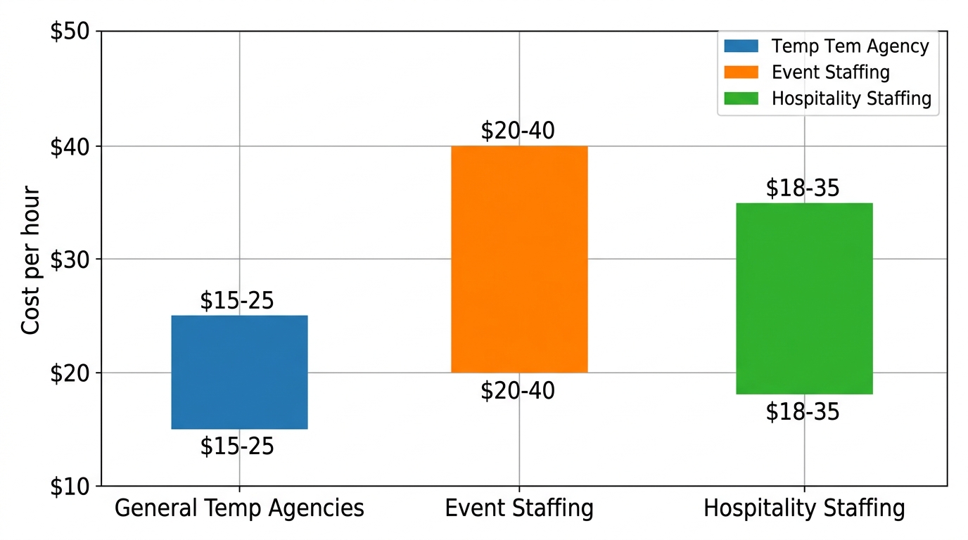 Horizontal bar chart comparing hourly cost ranges for general temp agencies ($15-25), event staffing ($20-40), and hospitality staffing ($18-35) in Edmonton
