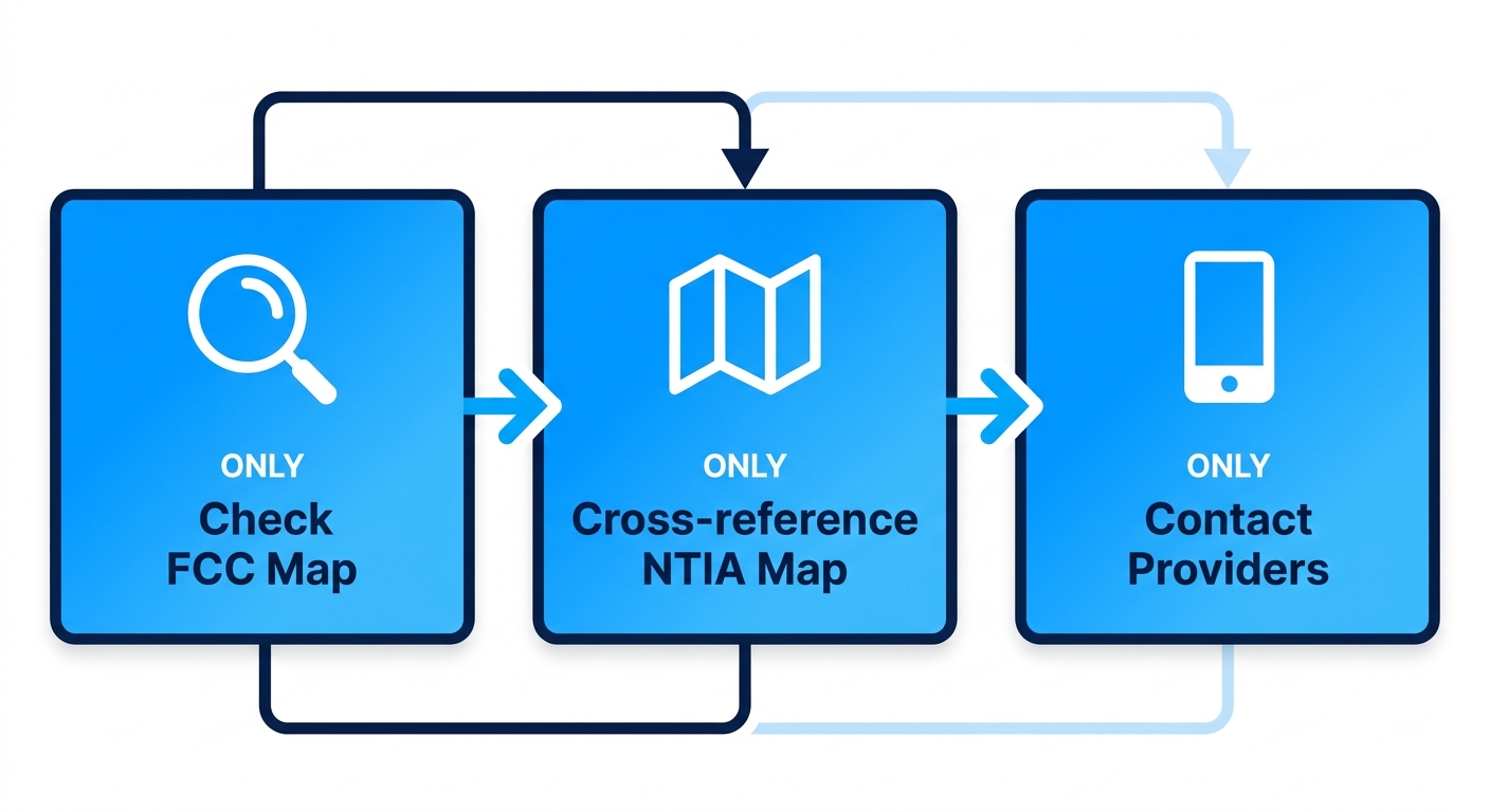 Horizontal process flow diagram illustrating three steps to get broadband in Kimberly, Idaho: check FCC map, cross-reference NTIA map, contact providers, with icons and arrows.