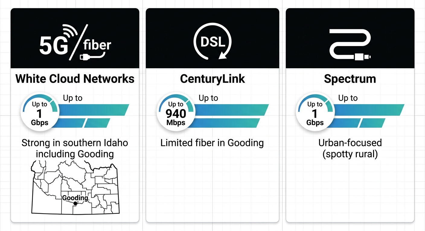Infographic comparing broadband providers White Cloud Networks, CenturyLink, and Spectrum in Gooding, Idaho