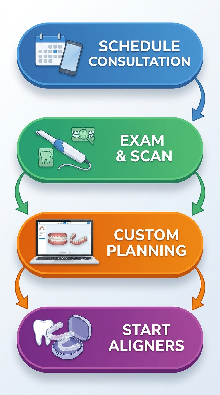 Vertical process flow diagram illustrating 4 steps to start Invisalign treatment: consultation, exam and scanning, planning, and wearing aligners.