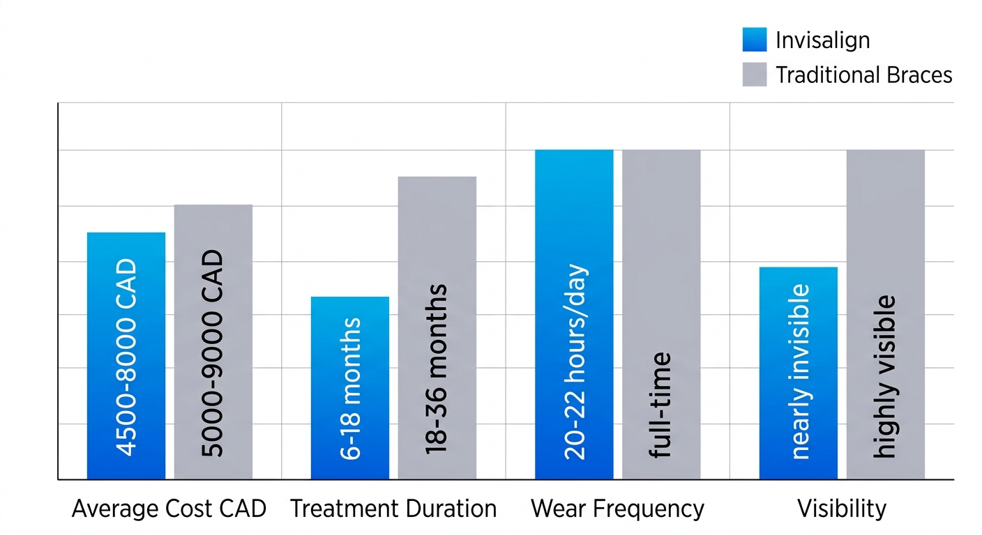 Bar chart comparing Invisalign and traditional braces on cost, duration, wear frequency, and visibility for Burnaby dental care