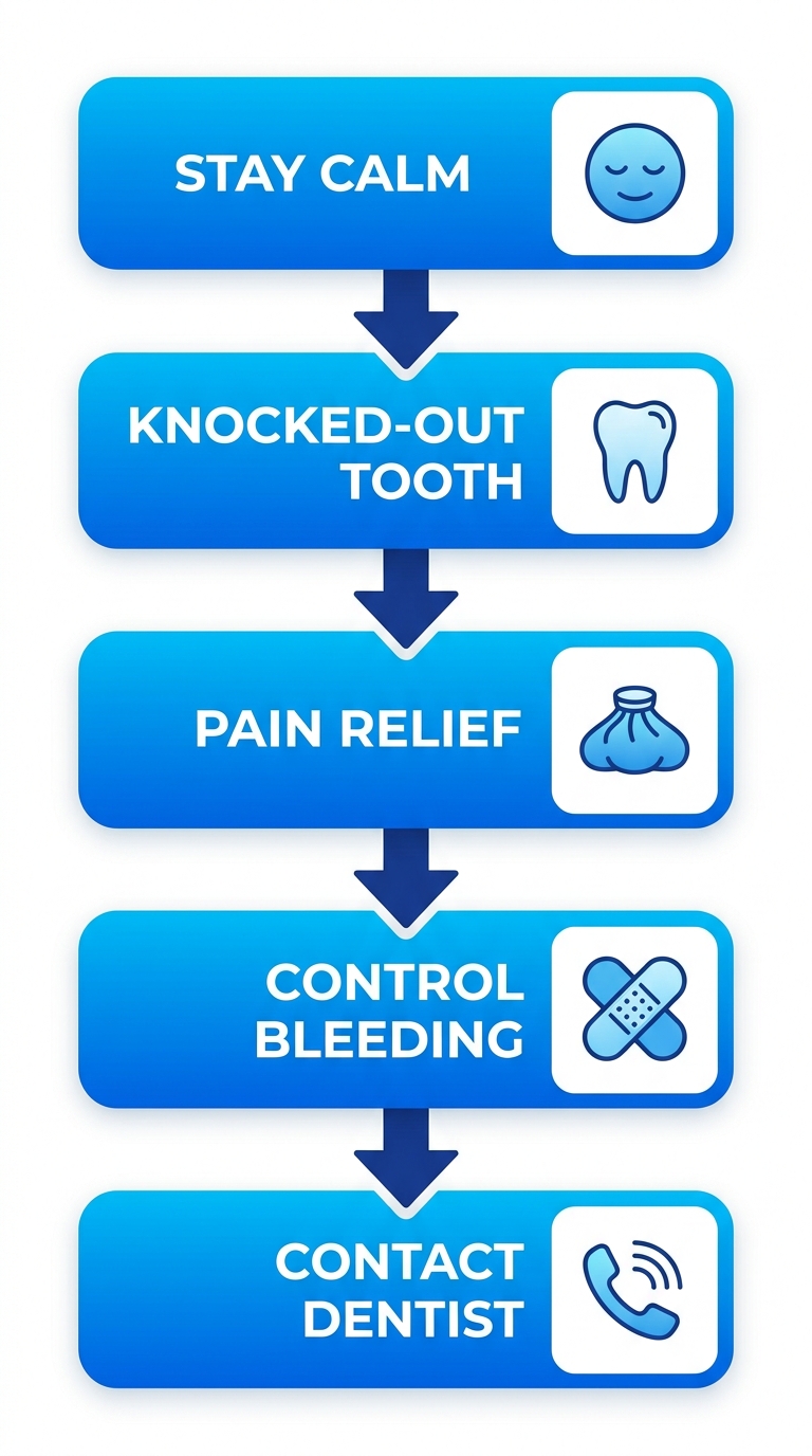 Vertical process flow diagram of five steps for dental emergency first aid: stay calm, handle knocked-out tooth, pain relief, bleeding control, contact dentist.