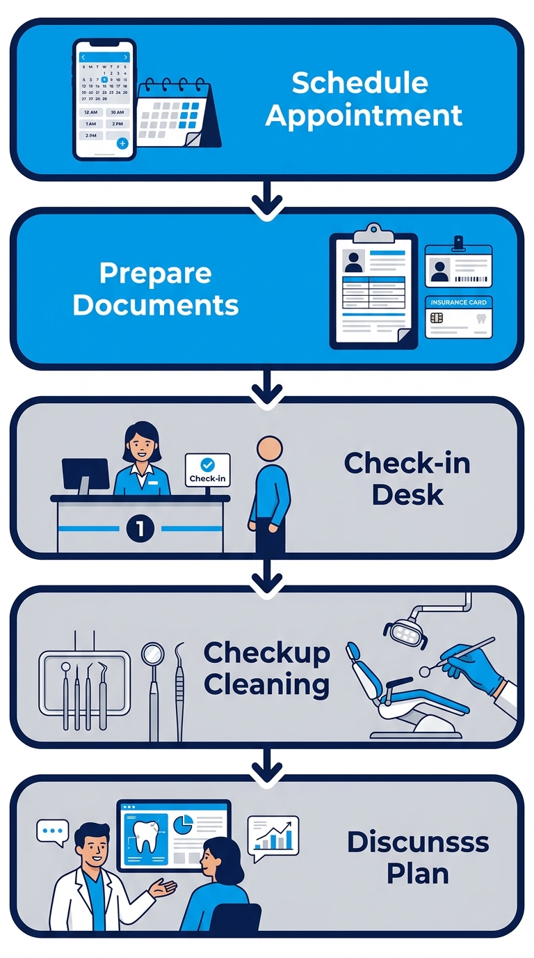 Vertical process flow illustrating five key steps for a first dental visit: scheduling, preparing documents, checking in, examination and cleaning, and treatment discussion.