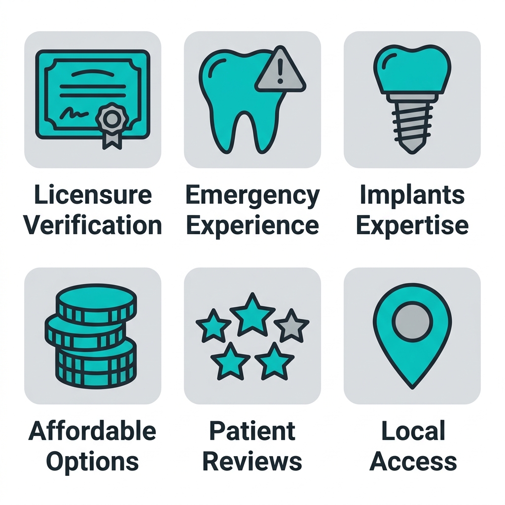 Square grid of 6 modern icons illustrating key criteria for selecting a dentist: licensure, emergencies, implants, affordability, reviews, and location.