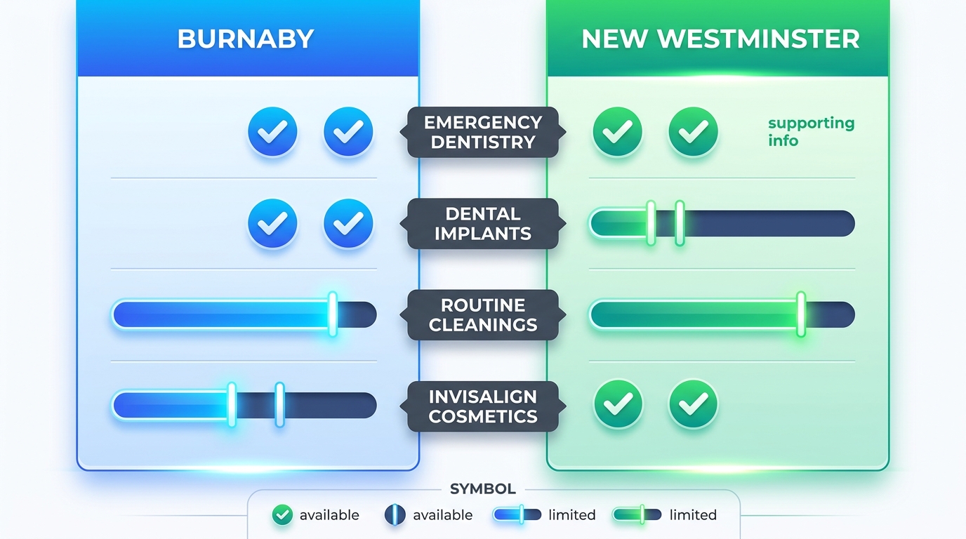 Infographic comparing dental services availability between Burnaby and New Westminster