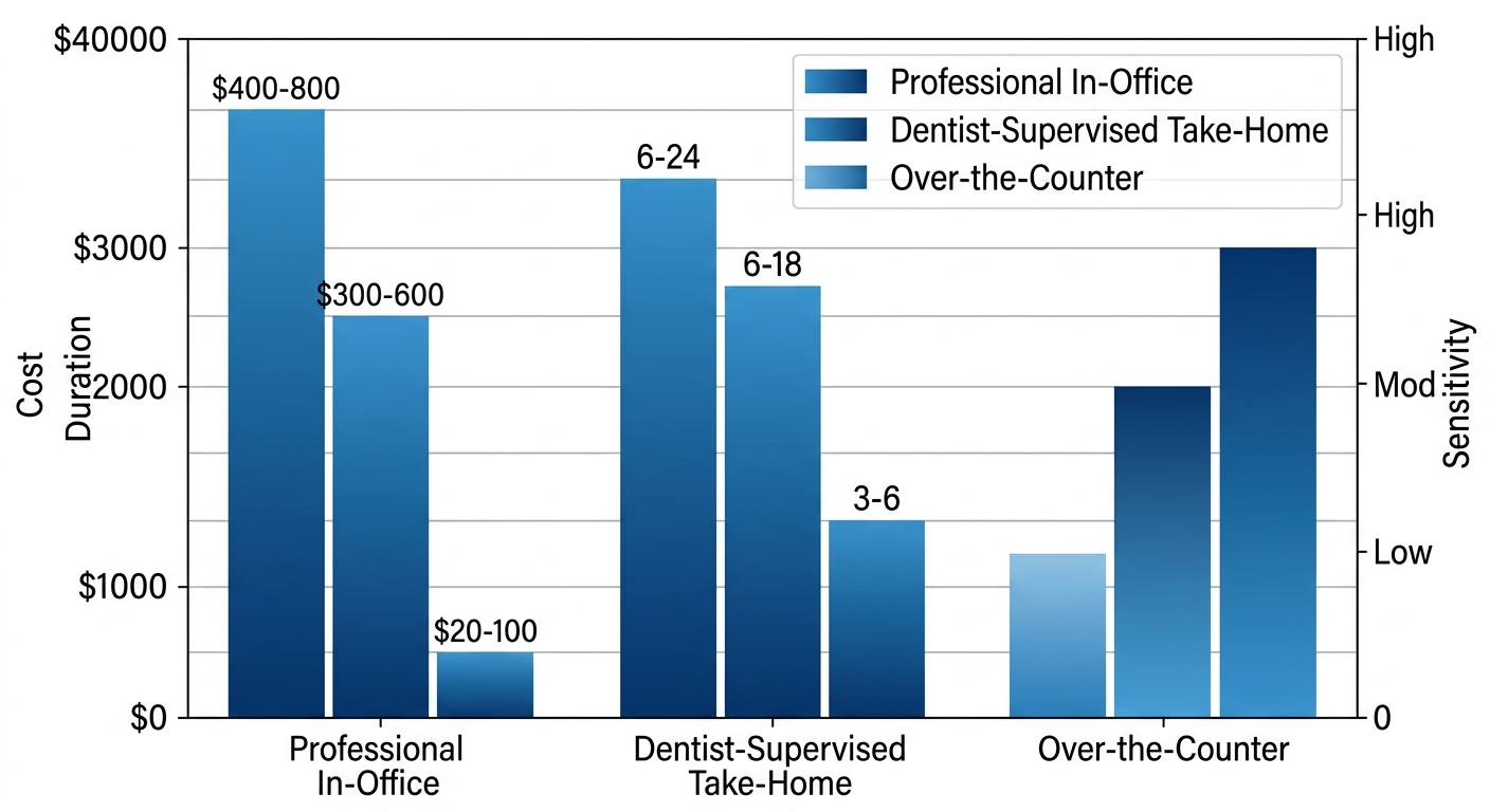 Infographic chart comparing cost, duration, and sensitivity of teeth whitening methods in Burnaby area