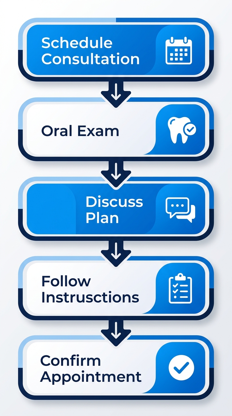 Vertical process flow diagram of 5 steps to begin teeth whitening: schedule consultation, oral exam, discuss plan, pre-treatment instructions, confirm appointment.