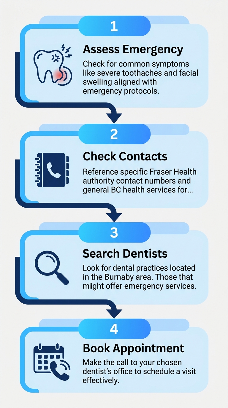 Vertical process flow diagram with four steps to start dental care in Burnaby: assess emergency, check BC contacts, search dentists, book appointment