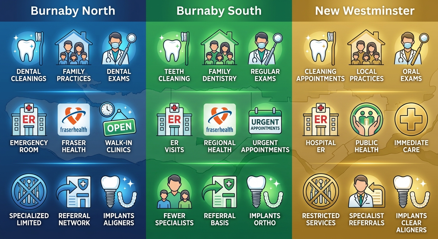 Infographic comparing dental preventive care, emergency access, and specialized services in Burnaby North, South, and New Westminster.