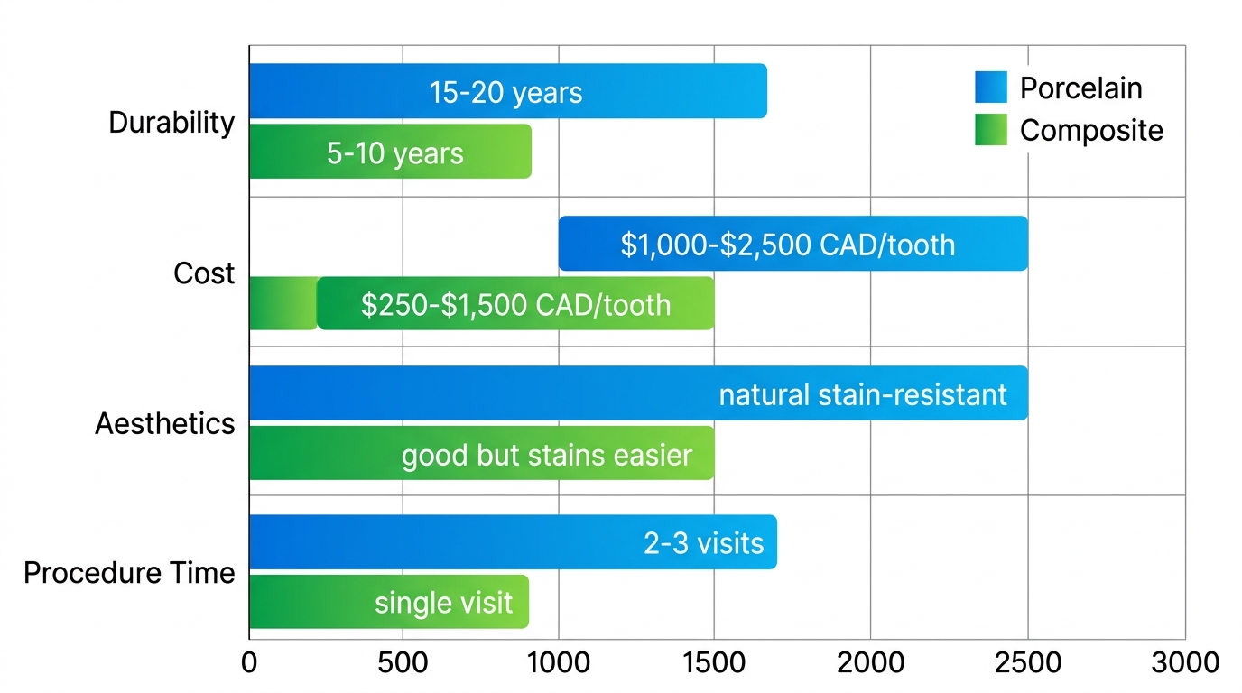 Horizontal bar chart comparing porcelain and composite veneers by durability, cost, aesthetics, and procedure time