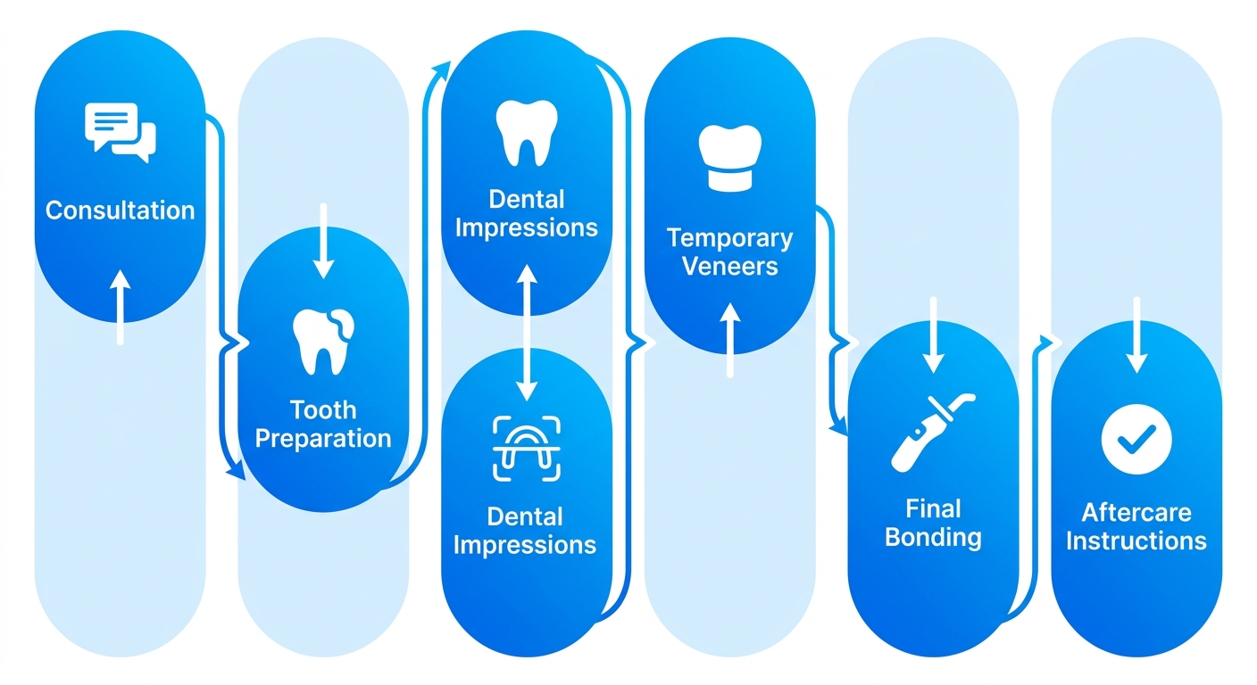 Vertical process flow diagram showing 6 steps of veneers procedure: consultation, tooth preparation, impressions, temporary veneers, final bonding, and aftercare with icons and arrows.