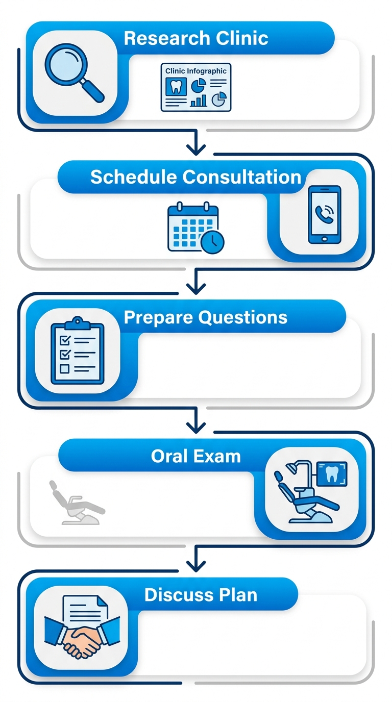 Vertical process flow diagram illustrating 5 steps to start dental implant journey: research clinic, schedule consultation, prepare questions, oral exam, discuss plan.