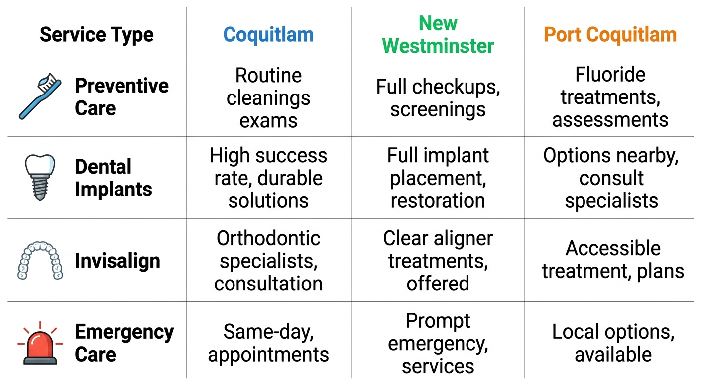 Infographic comparison of dental services availability across Coquitlam, New Westminster, and Port Coquitlam areas