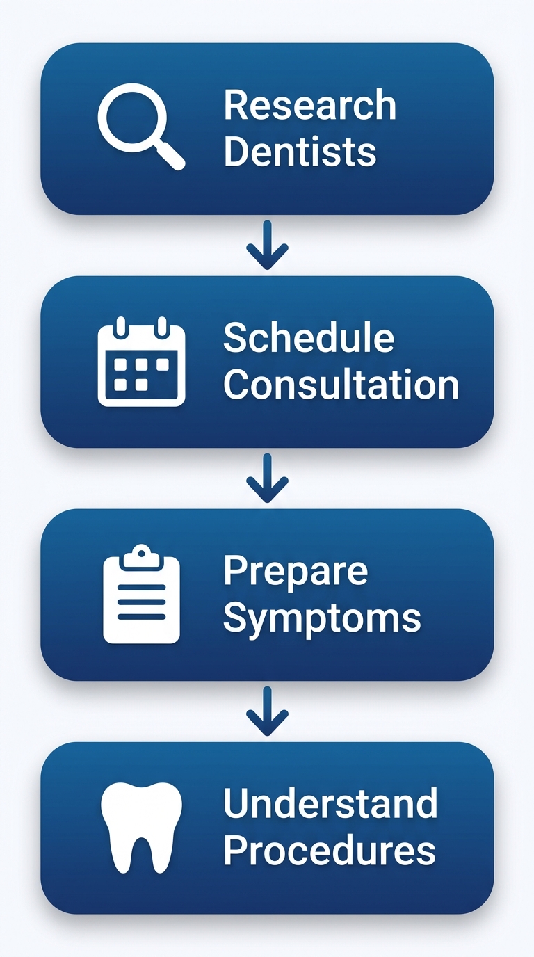Vertical process flow diagram illustrating four steps to get started with dental care: research dentists, schedule consultation, prepare symptoms and insurance, understand procedures.