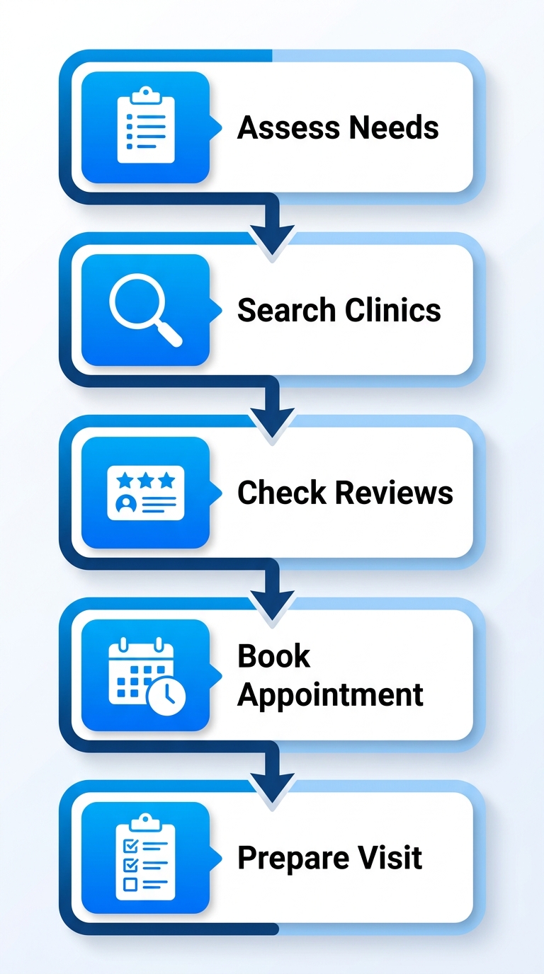 Vertical process flow diagram outlining 5 steps to start dental care: assess needs, search clinics, check reviews, book appointment, prepare visit with icons.