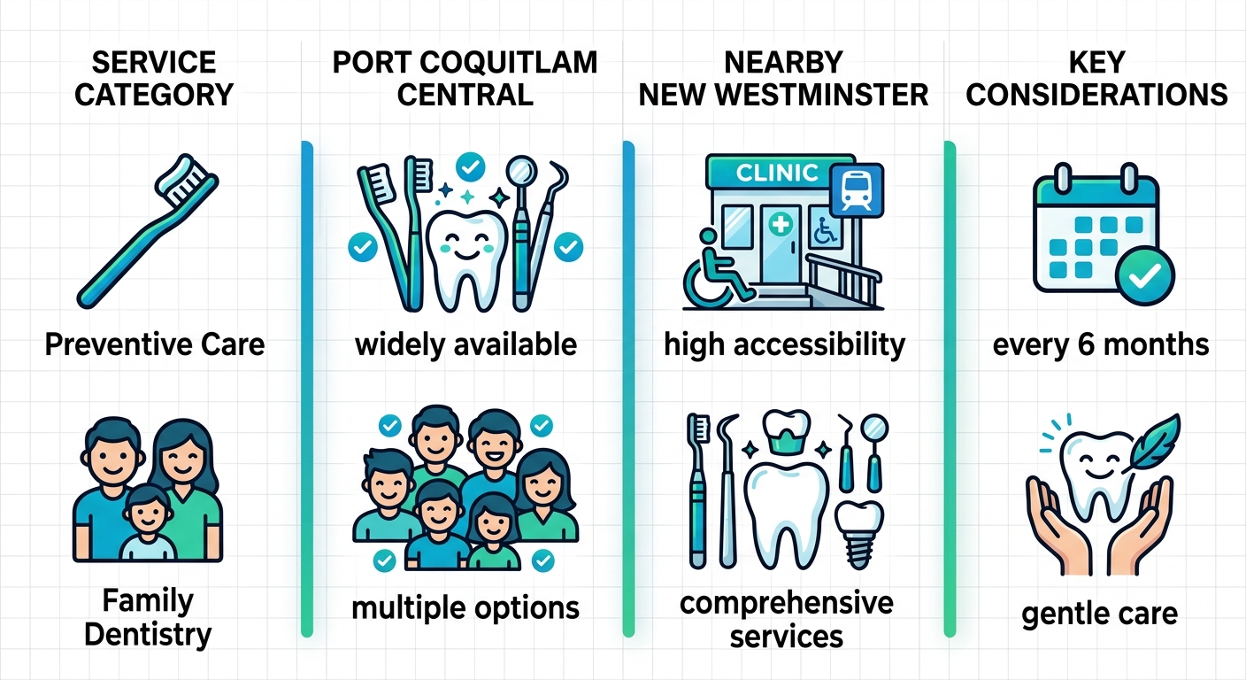 Infographic comparing dental service availability in Port Coquitlam Central, New Westminster, and key considerations with icons and gradient bars