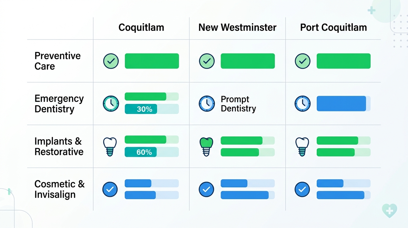 Infographic comparing dental services like preventive care, emergency dentistry, implants, restorative, cosmetic and Invisalign across Coquitlam, New Westminster, and Port Coquitlam using icons, bars, and highlights.