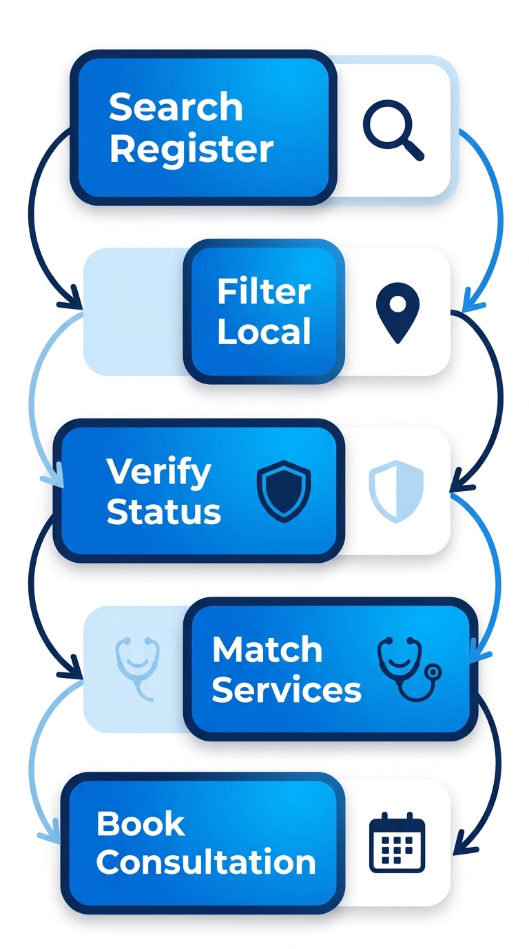 Vertical process flow diagram illustrating 5 steps to start dental care in Coquitlam: search public register, filter local dentists, verify status, match services, book consultation with relevant icons.