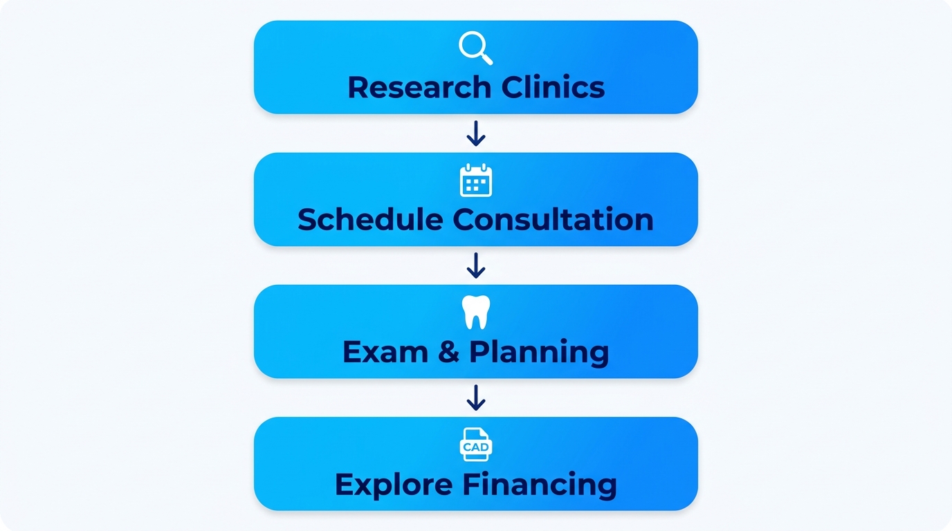 Vertical process flow diagram with four steps for starting cosmetic dental treatment: research clinics, schedule consultation, exam and planning, explore financing.