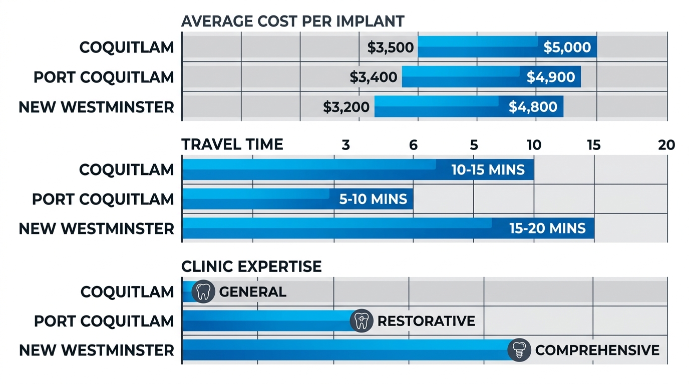 Horizontal bar chart comparing dental implant costs, travel times, and clinic expertise across Coquitlam, Port Coquitlam, and New Westminster