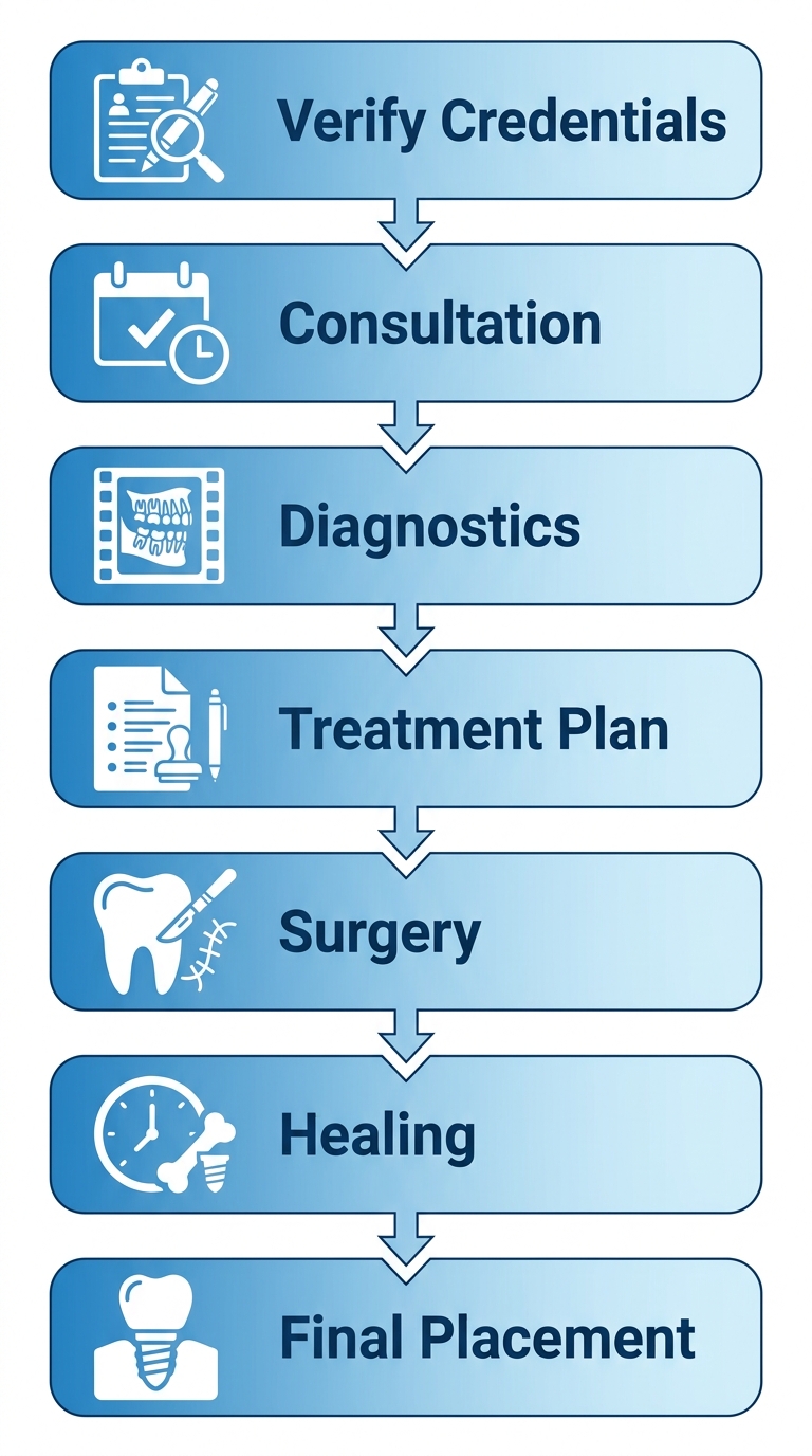 Vertical process flow illustrating 7 steps for dental implants: verify credentials, consultation, diagnostics, treatment plan, surgery, healing, and final placement with icons.