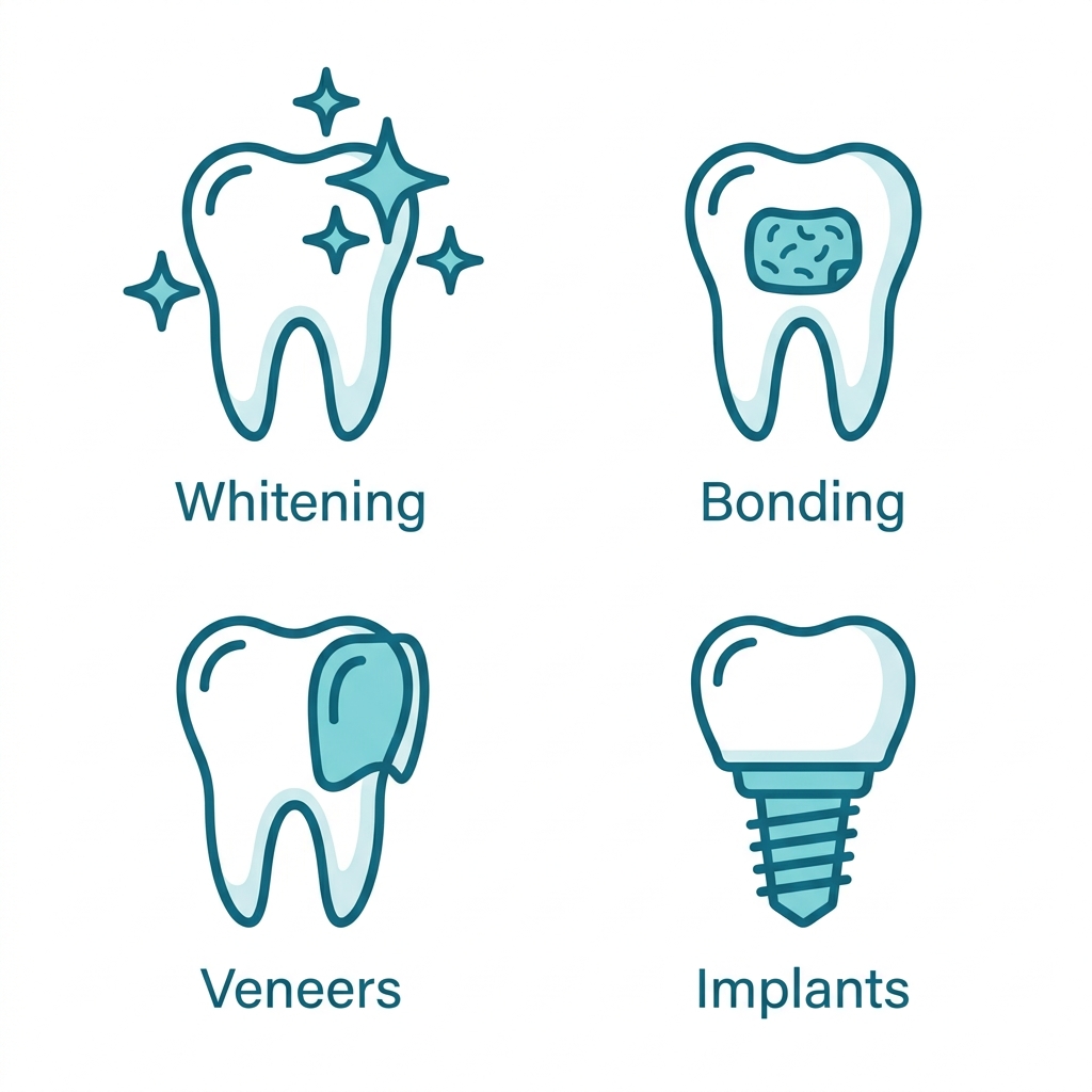 Square 2x2 grid of flat outline icons for cosmetic dental procedures: teeth whitening, bonding, veneers, and implants with minimal labels