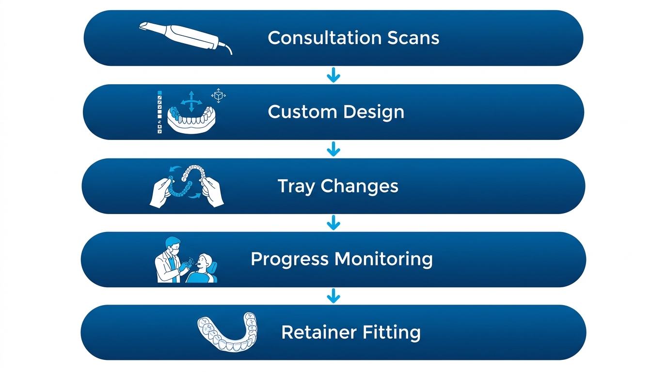 Vertical process flow illustrating five stages of Invisalign treatment: consultation and scans, custom design, tray changes, progress monitoring, and retainer fitting with icons.