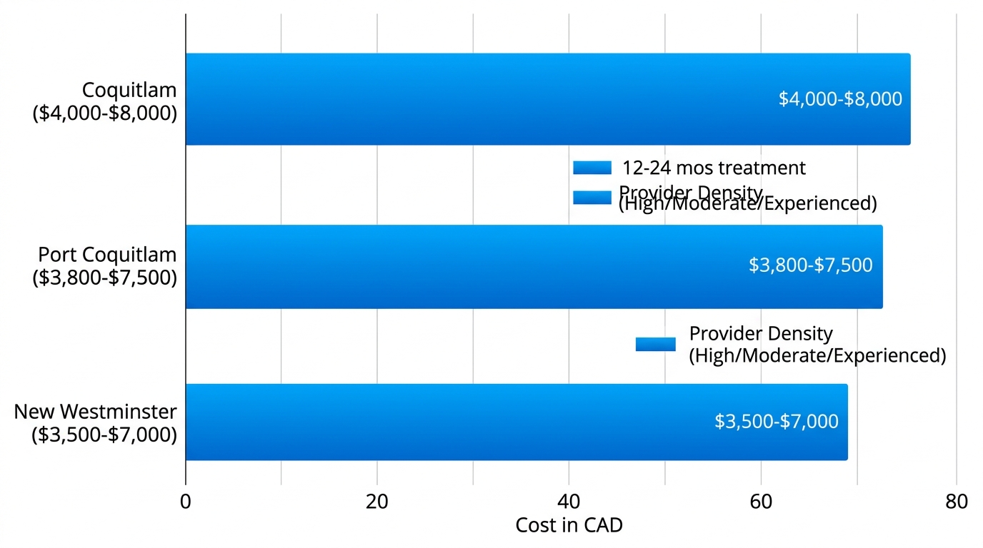 Horizontal bar chart comparing Invisalign costs, treatment times, and provider density in Coquitlam, Port Coquitlam, and New Westminster
