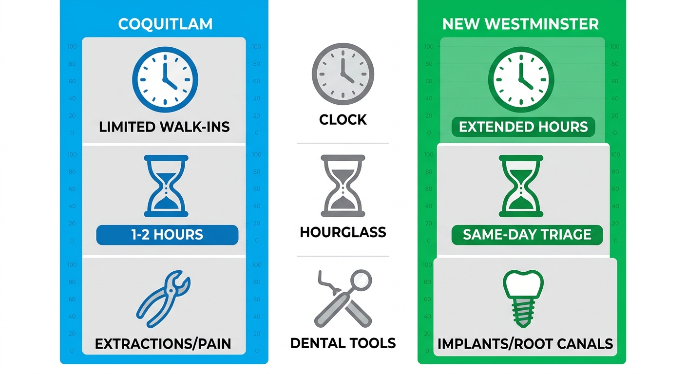 Infographic comparison of dental emergency services availability, wait times, and offerings between Coquitlam and New Westminster