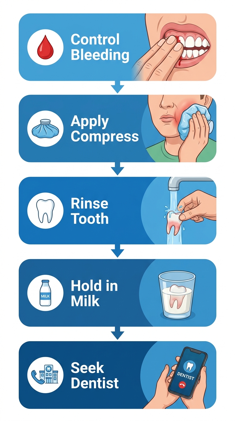 Vertical process flow diagram of five emergency dental first aid steps: control bleeding, apply cold compress, rinse knocked-out tooth, store in milk, seek immediate dentist.