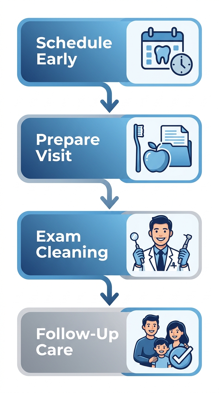 Vertical process flow diagram for child's first dental visit: schedule, prepare, exam and cleaning, follow-up.
