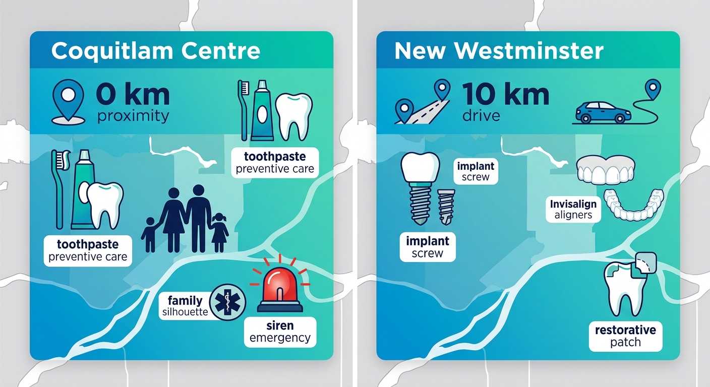 Side-by-side infographic comparing dental access proximity and services icons in Coquitlam Centre and New Westminster