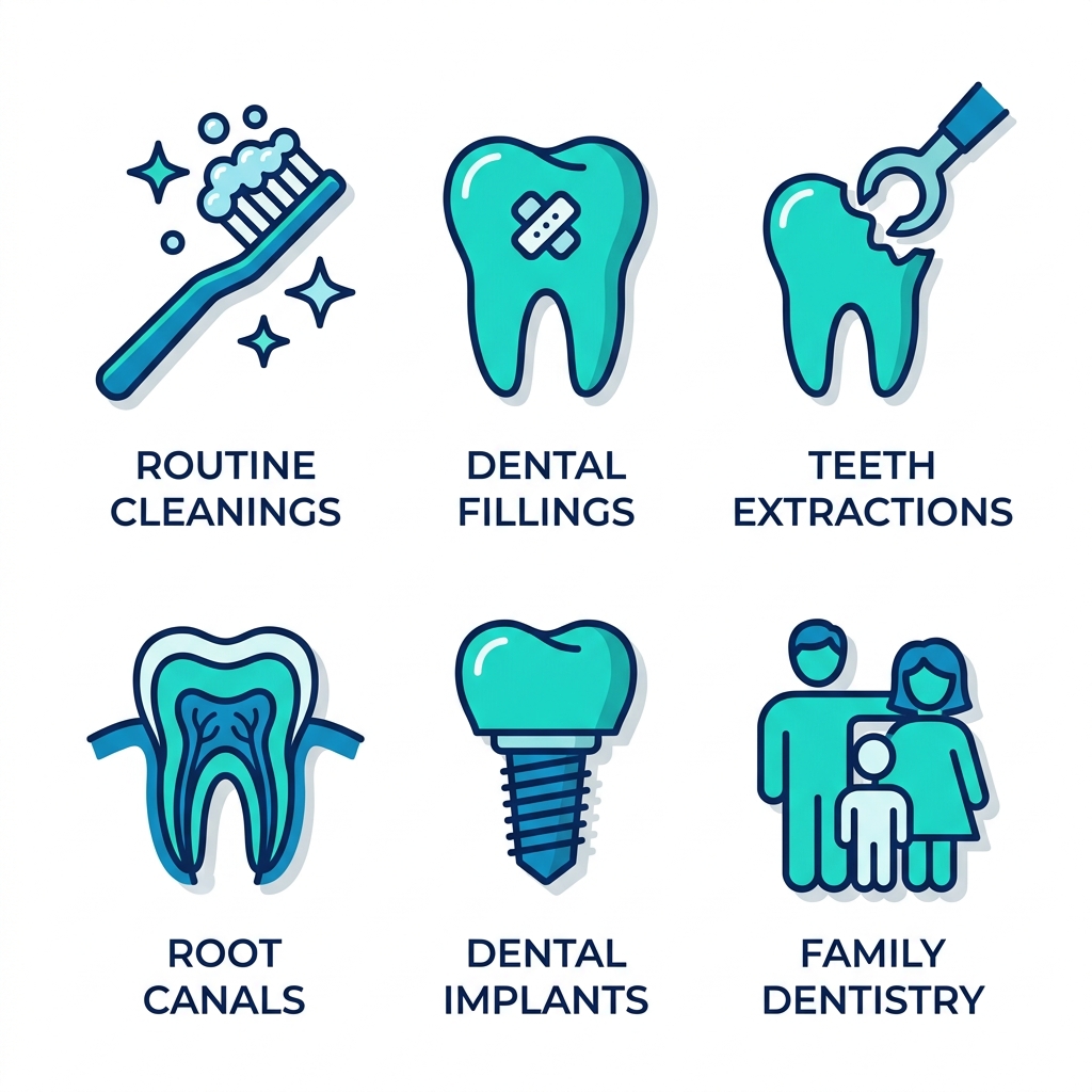 Grid of six dental service icons: routine cleanings, fillings, extractions, root canals, dental implants, family dentistry.