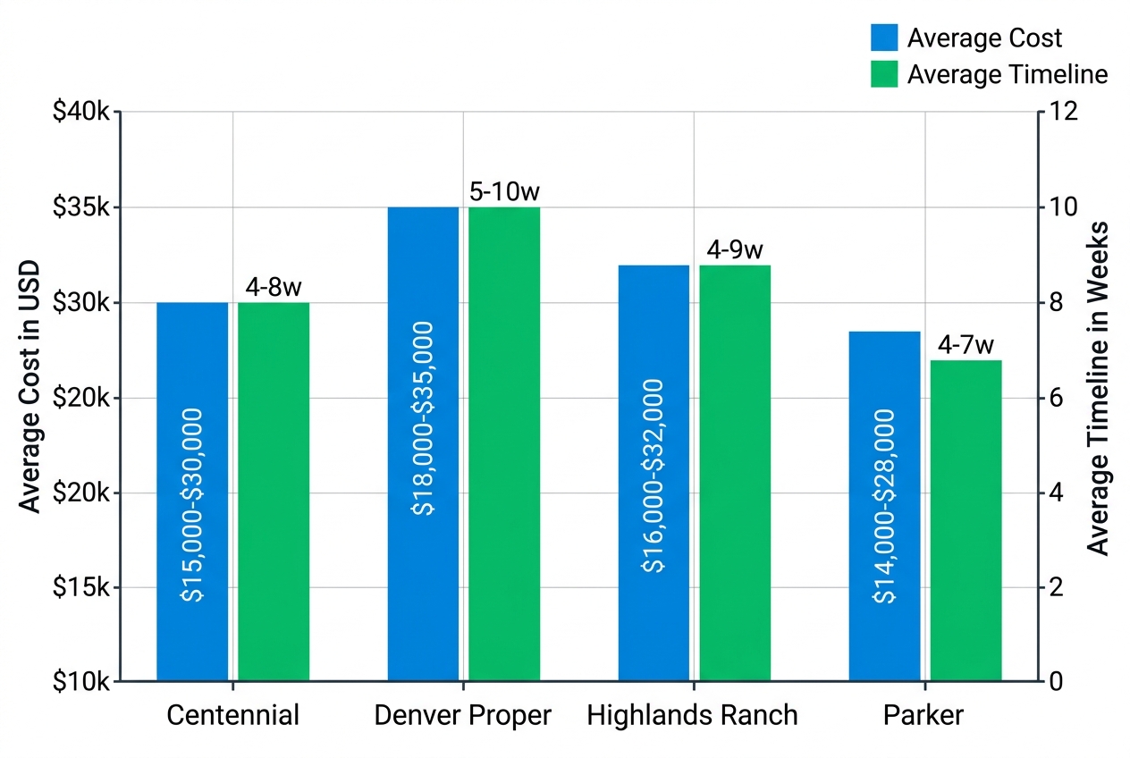 Grouped bar chart comparing bathroom remodeling costs and timelines across Denver metro areas including Centennial, Denver Proper, Highlands Ranch, and Parker.