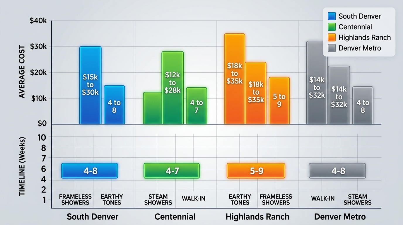 Grouped bar chart comparing bathroom remodel costs, timelines, and trends across South Denver, Centennial, Highlands Ranch, and Denver Metro areas