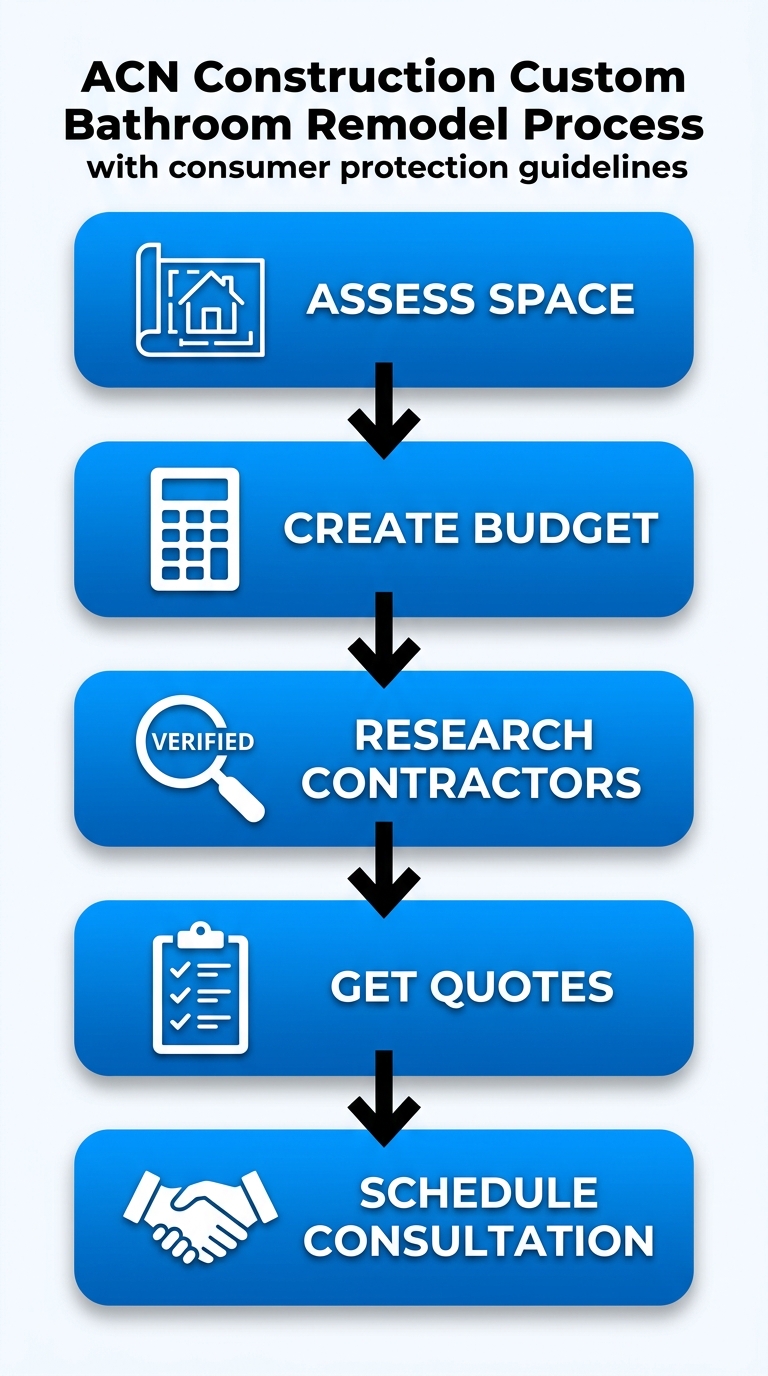 Vertical process flow diagram with five steps for starting a custom bathroom remodel: assess space needs, create budget, research contractors, get quotes, schedule consultation, using icons and blue gradient cards.